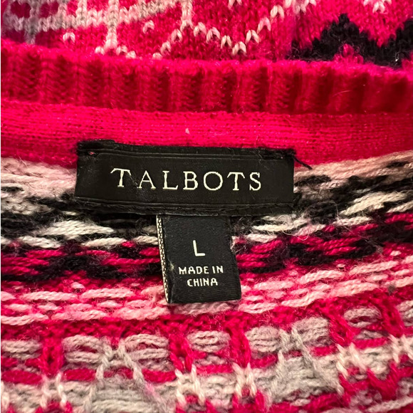 Talbots Fair Isle Cardigan Sweater Size L Pink Multicolor Nylon Lambswool Blend - Picture 4 of 5